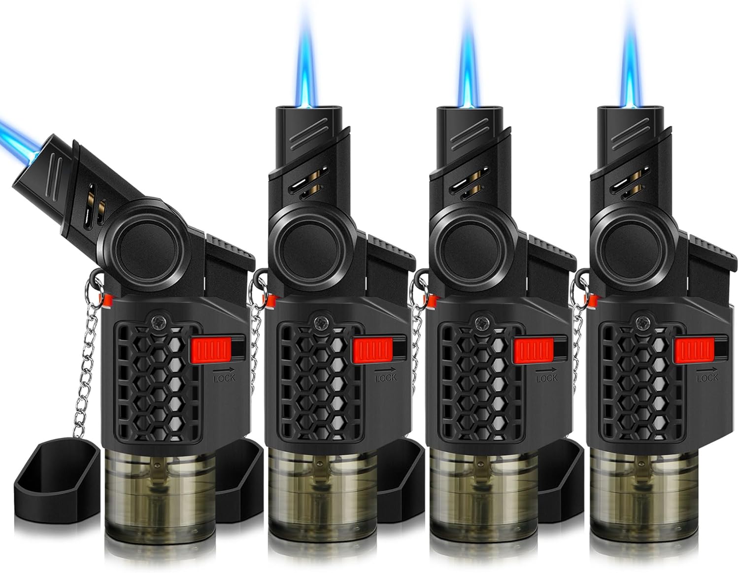4 Pack of Torch Lighter, 30° & 45° Rotatable Windproof Jet Flame, with Safety Lock, Butane Gas Refillable Mini Jet Torch Lighters for Candle, Grill, Firework (NO Gas)