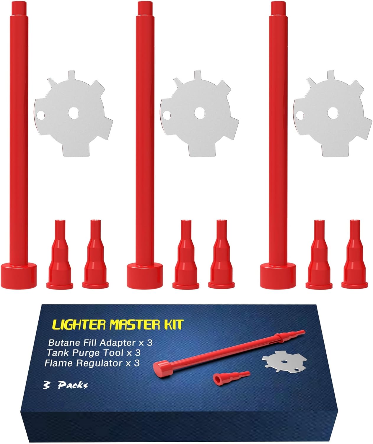 Lighter Master Kit, Professional Butane Fill Adapter Set with Tank Purge Tool and Flame Regulator, Red, 9-Piece Refill Tools